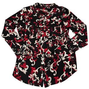 Dana Buchman Womens Small Red Black Baroque Filigree Scroll Print Blouse